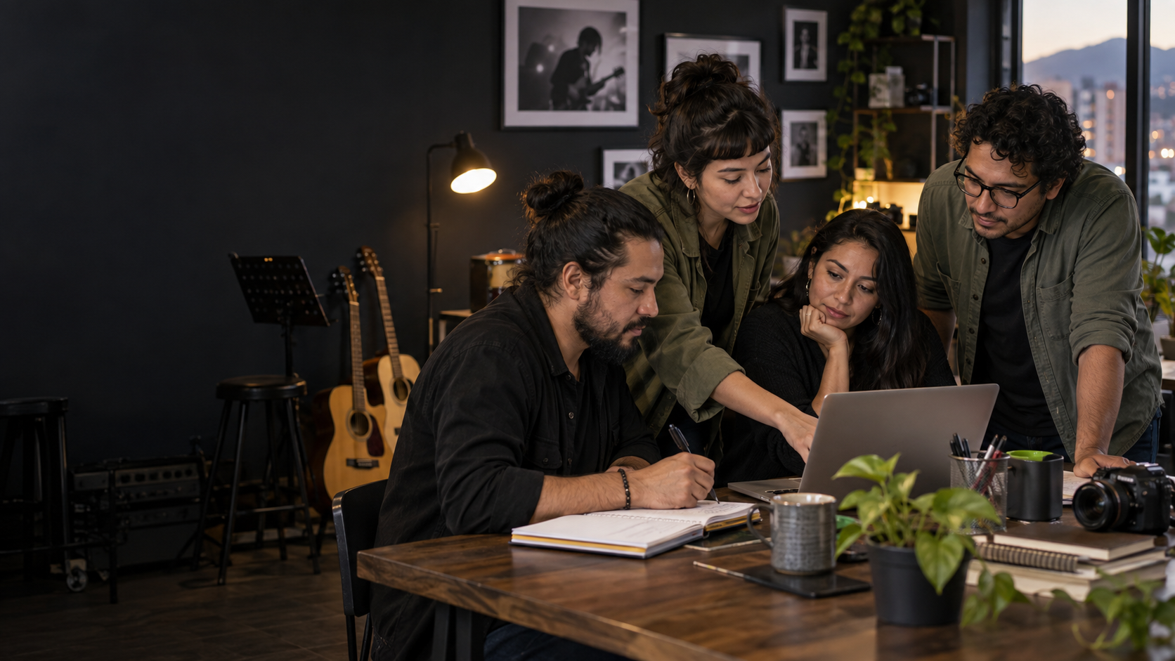 Equipo colaborando con una academia en un estudio creativo